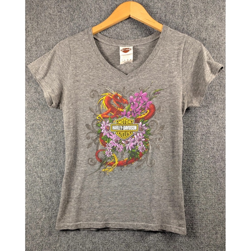 Harley Davidson Womens Gray‎ US 129 Dragon Floral V-Neck T Shirt Medium RN 98882